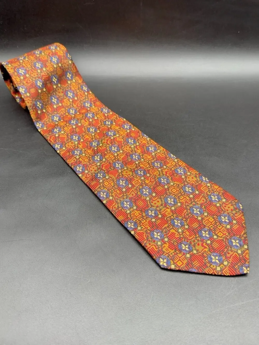 Robert Talbott Best of Class Silk Tie Red Gold Blue Geometric 59in USA Made